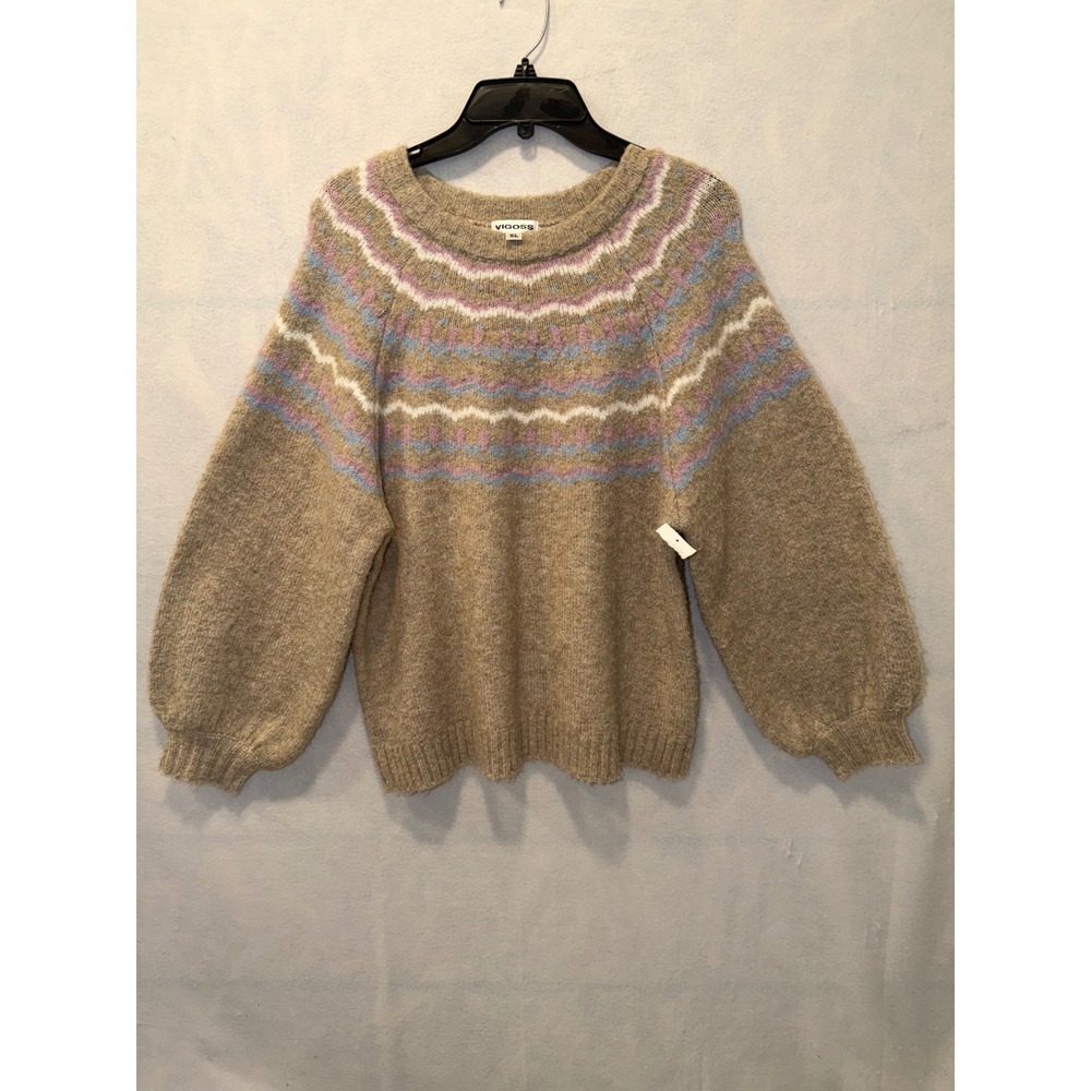 VIGOSS Women's Beige Fair Isle Knit Sweater Balloon Sleeve XL